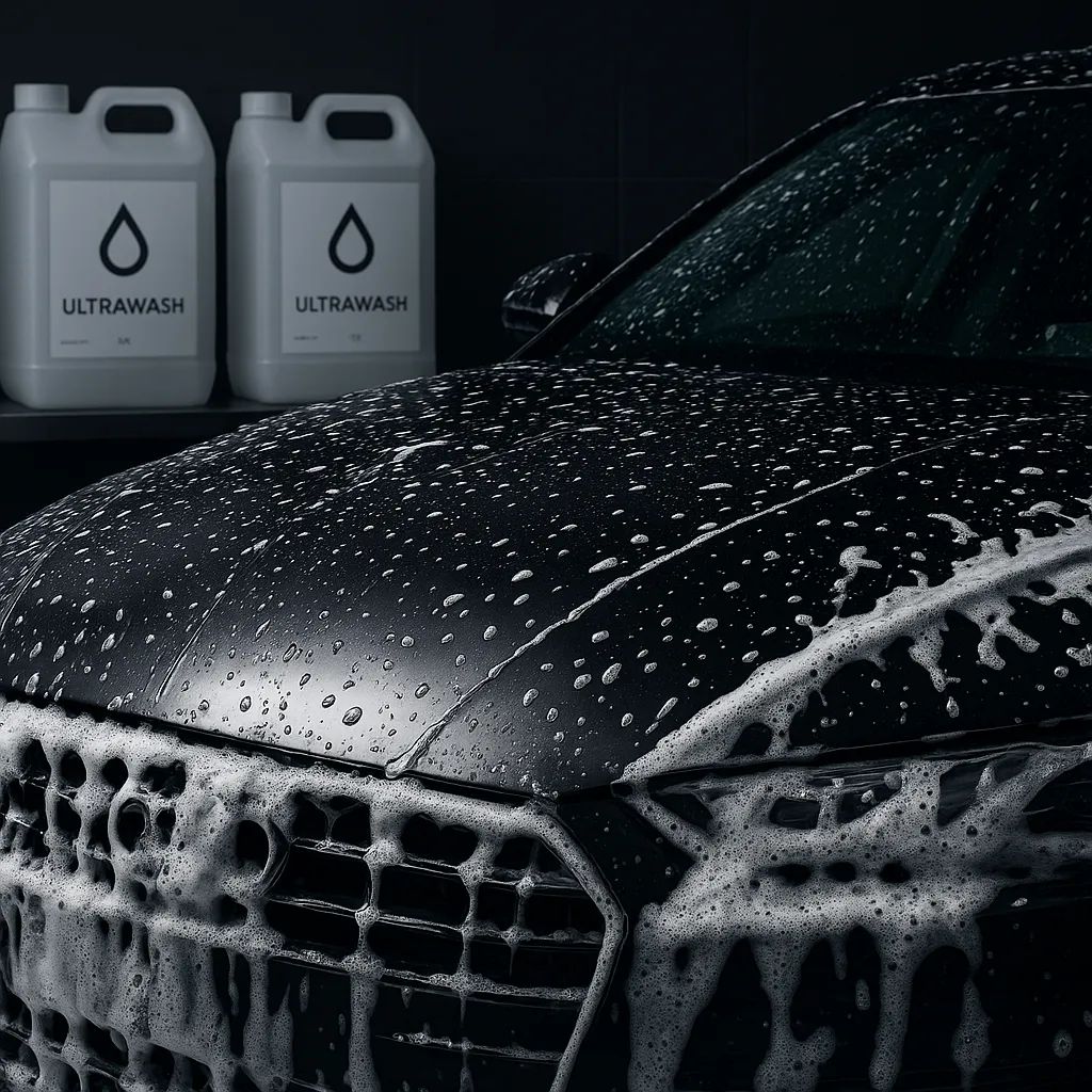 Professional car wash scene with UltraWash products and shiny vehicle