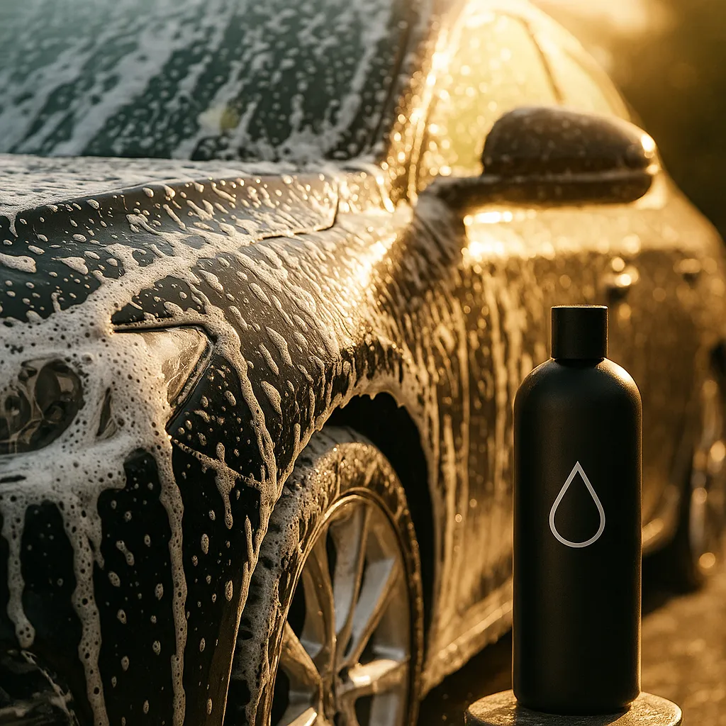Coche siendo lavado con espuma densa y botellas de productos UltraWash.