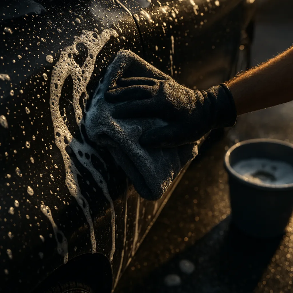 Close-up of a car wash process with shampoo and microfiber cloth