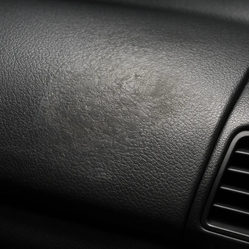 Close-up of a damaged car dashboard due to cheap silicone application