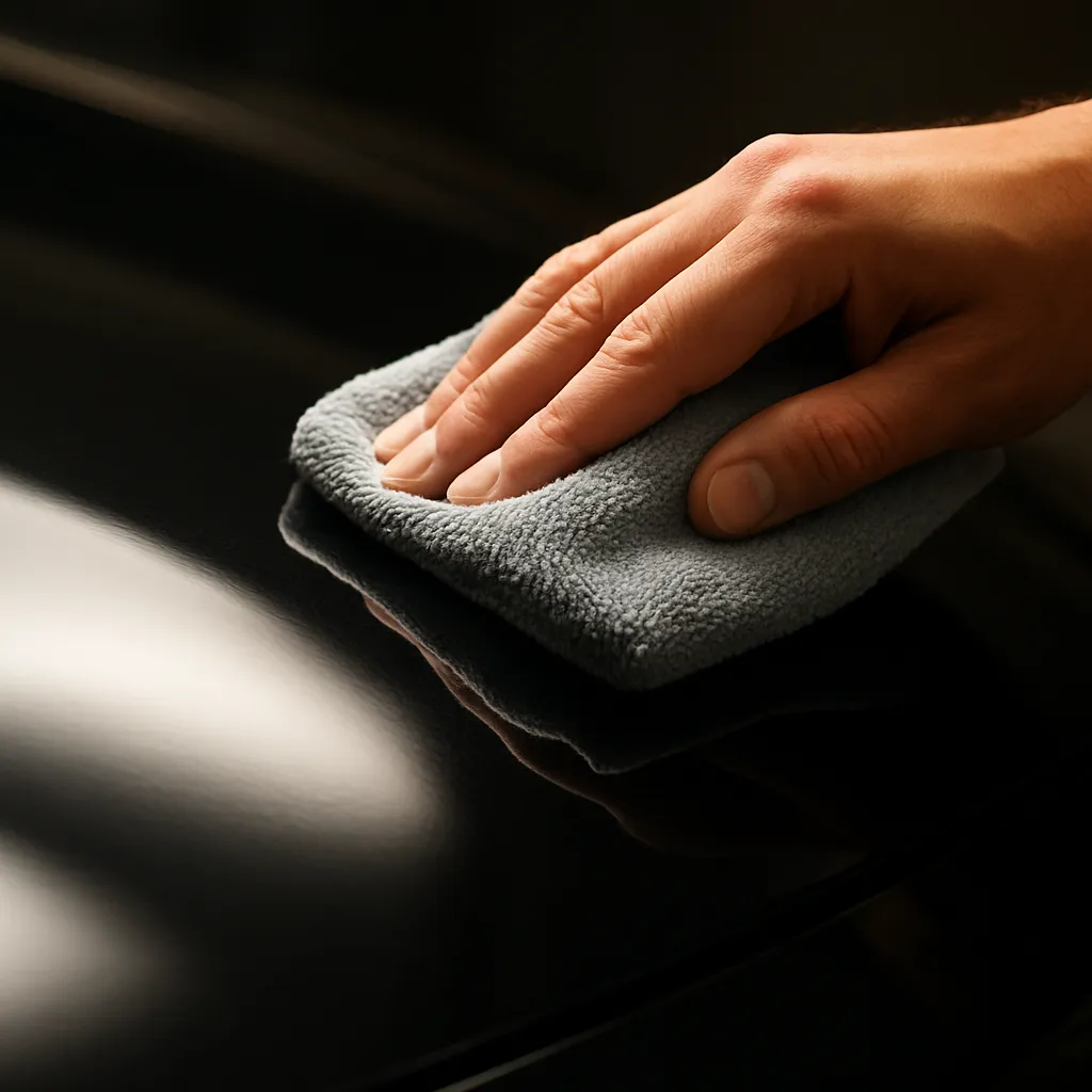 Close-up of a car paint surface being cleaned with detailing product