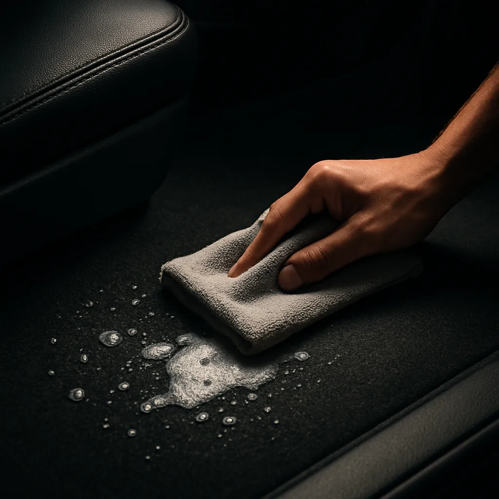 Close-up of a microfiber cloth cleaning a car carpet with foam and water droplets.