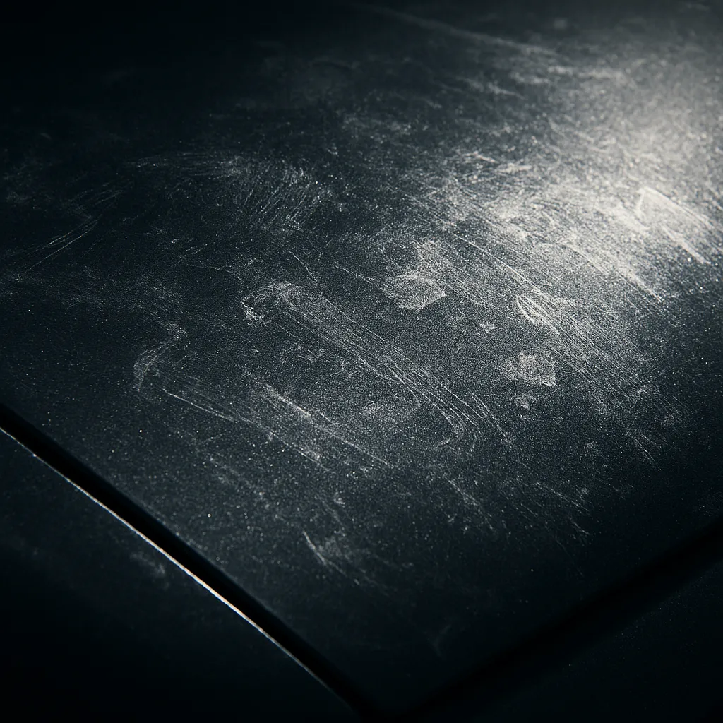 Close-up of car paint damage due to low-quality wax application
