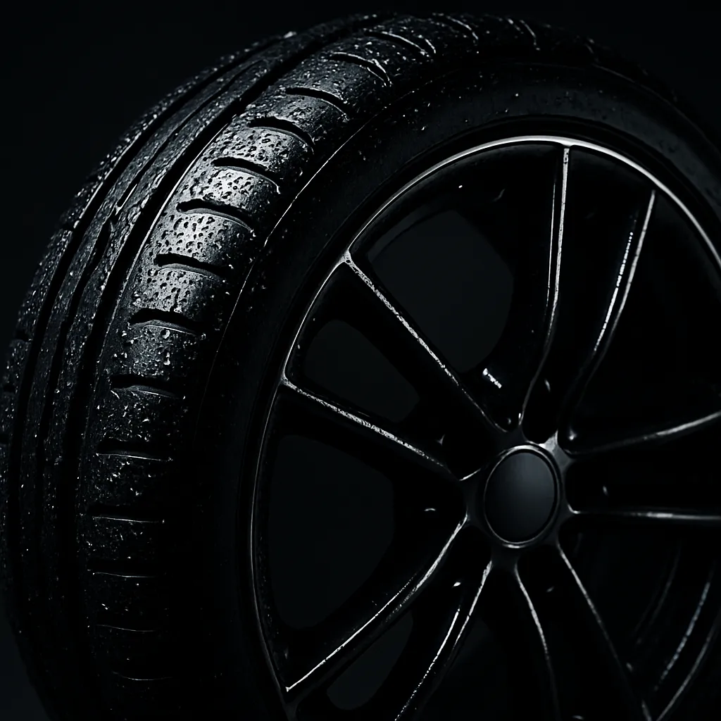 Close-up of a clean tire and rim with water droplets, showcasing detailing quality.