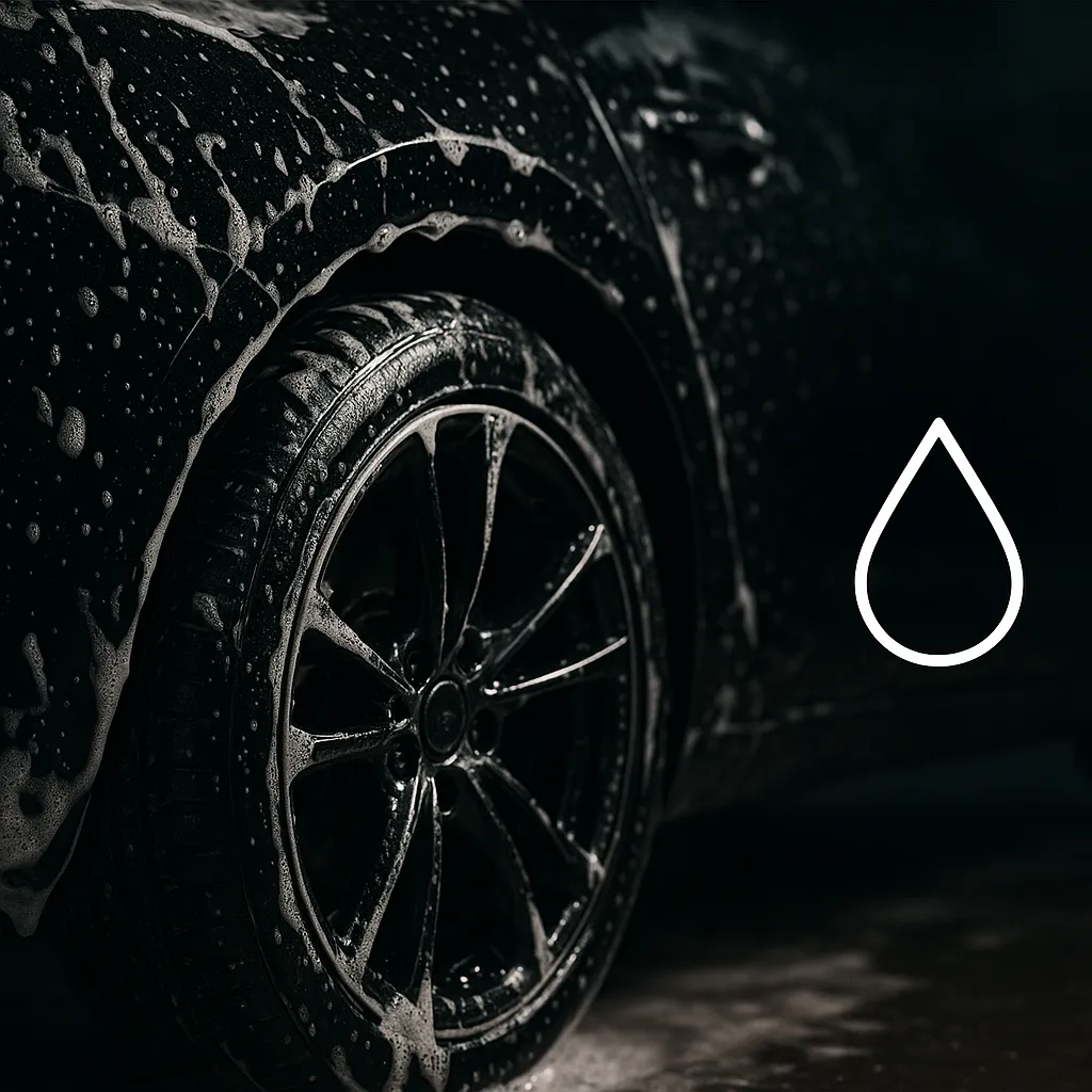 Close-up of a shiny car with droplets of water and foam, emphasizing tire and plastic protection.