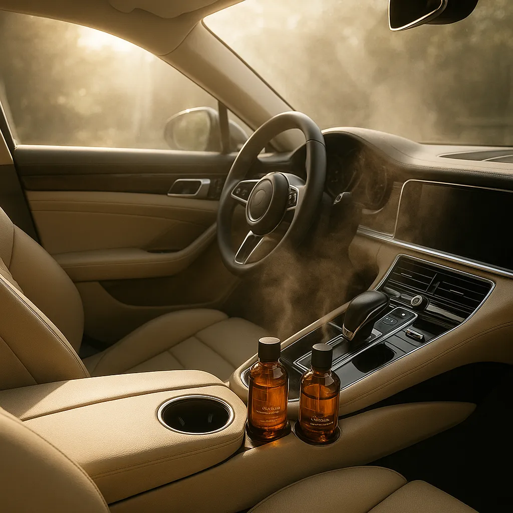 Luxurious car interior with clean leather seats and aroma bottles