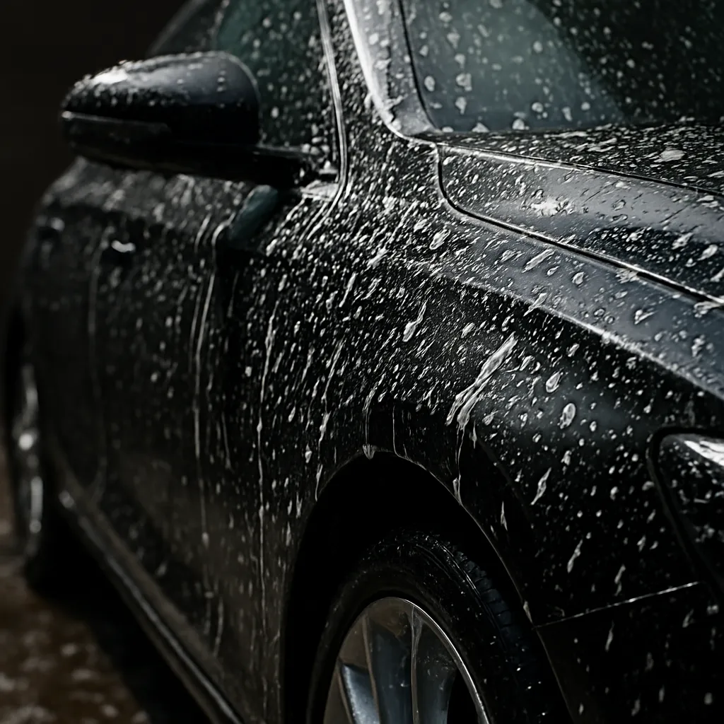 Close-up of a shiny car being cleaned with foam and water droplets