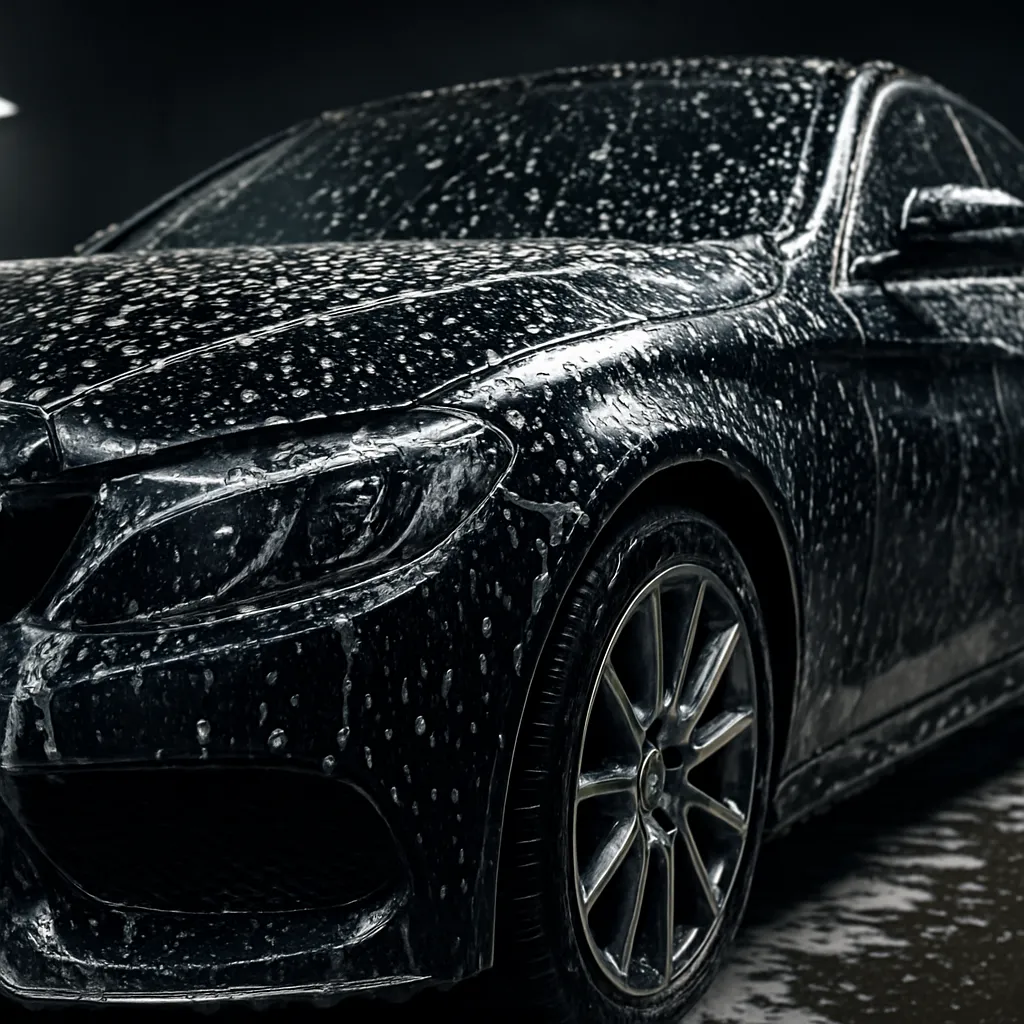 Shiny car with water droplets and foam showcasing car detailing.