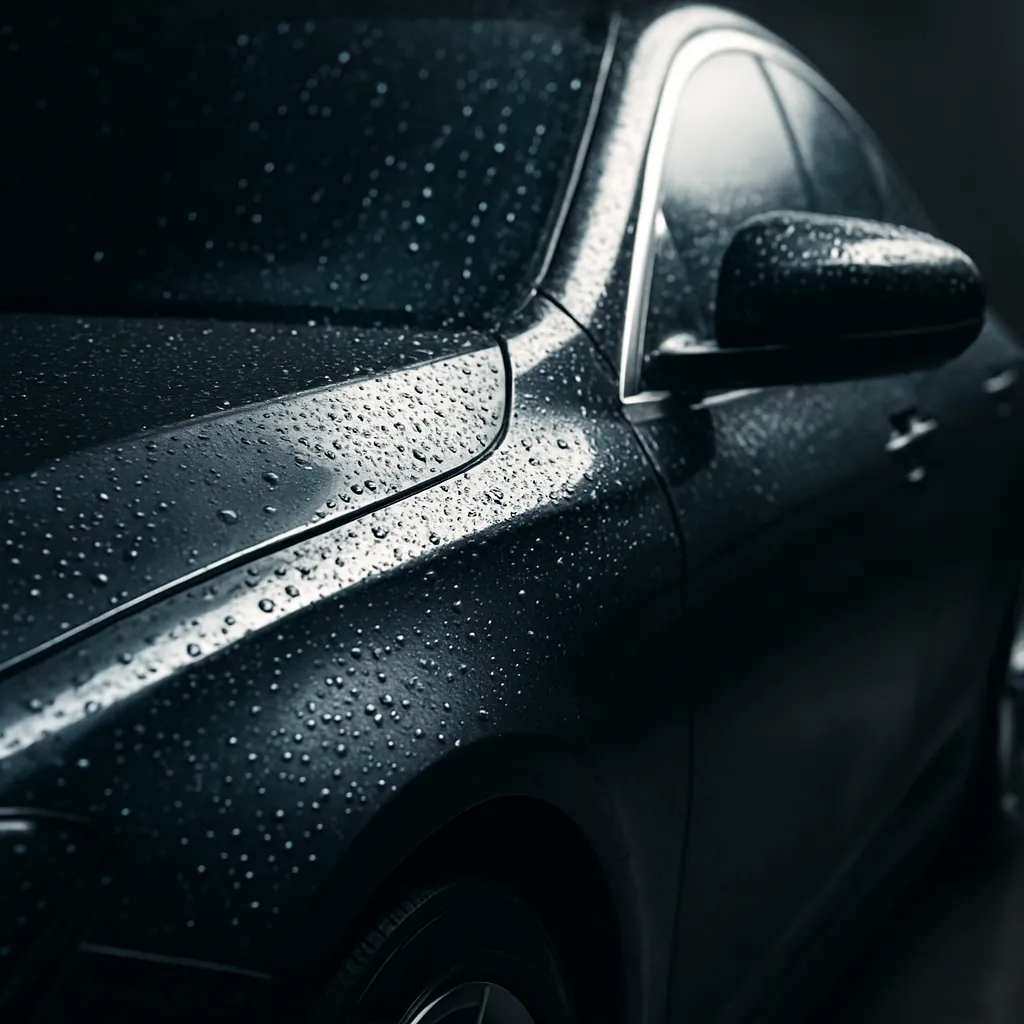 Close-up of a shiny car with droplets of water, highlighting premium detailing