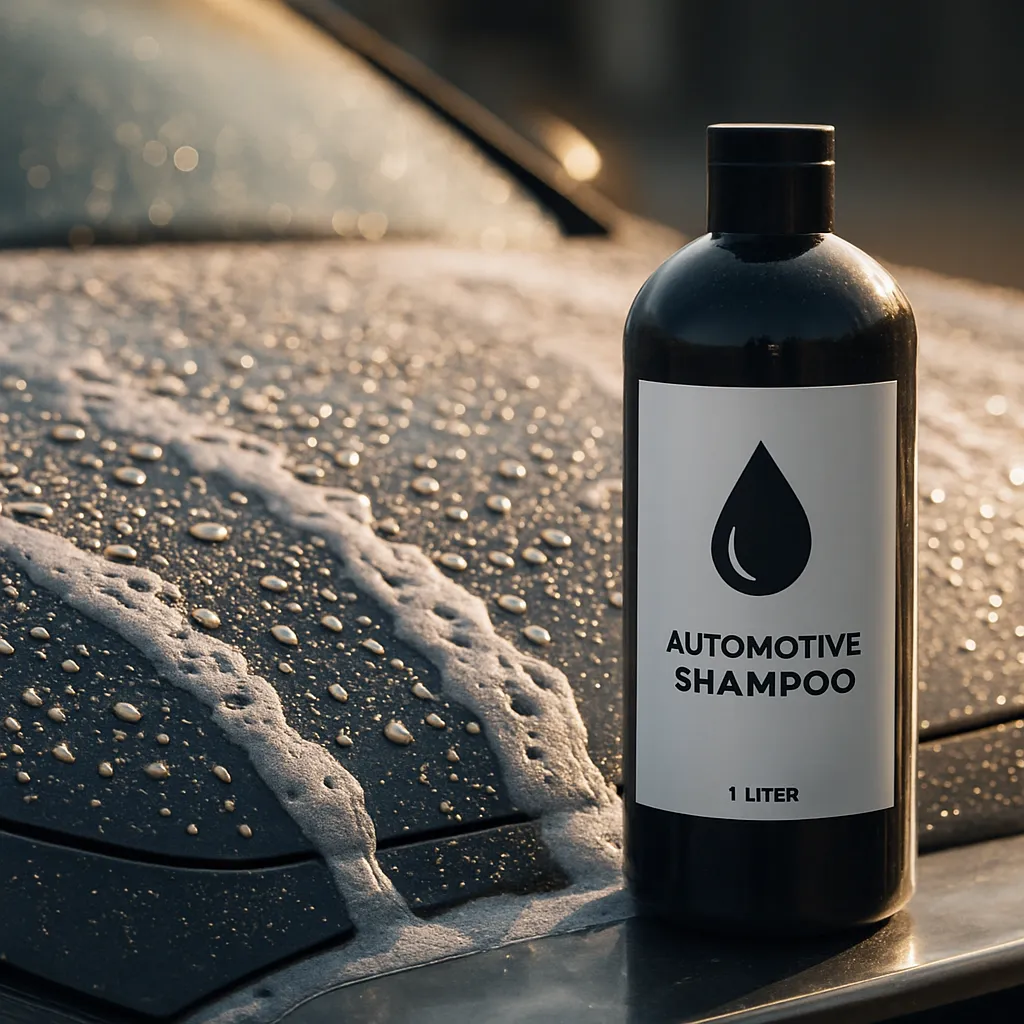 Close-up of car hood with water droplets and UltraWash shampoo bottle in a professional detailing setting