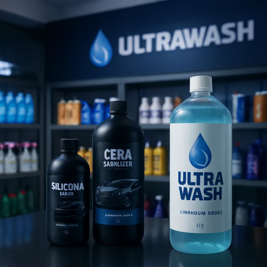 Interior del centro UltraWash en El Bosque con productos de limpieza automotriz y del hogar en estantes
