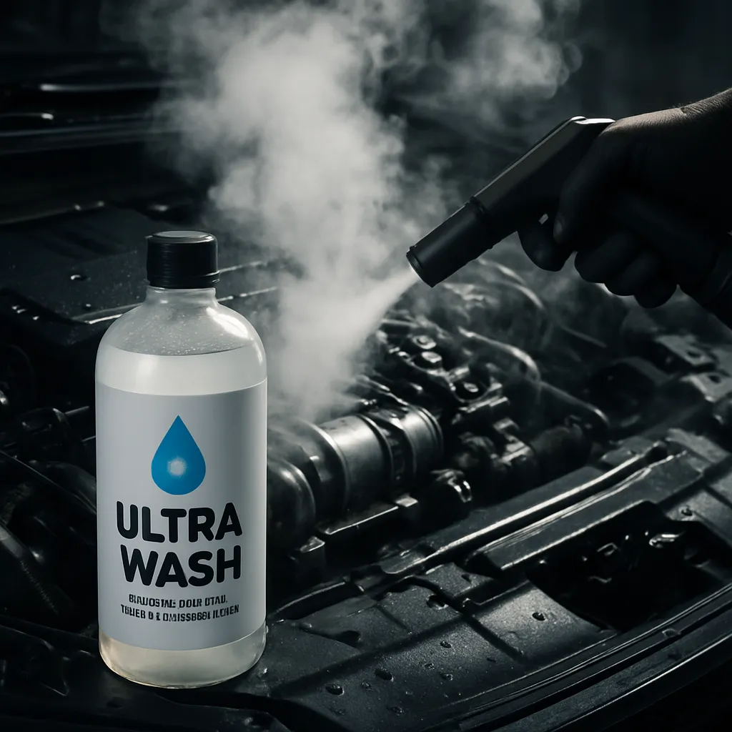 Motor de auto siendo limpiado con vapor y desengrasante UltraWash en botella visible
