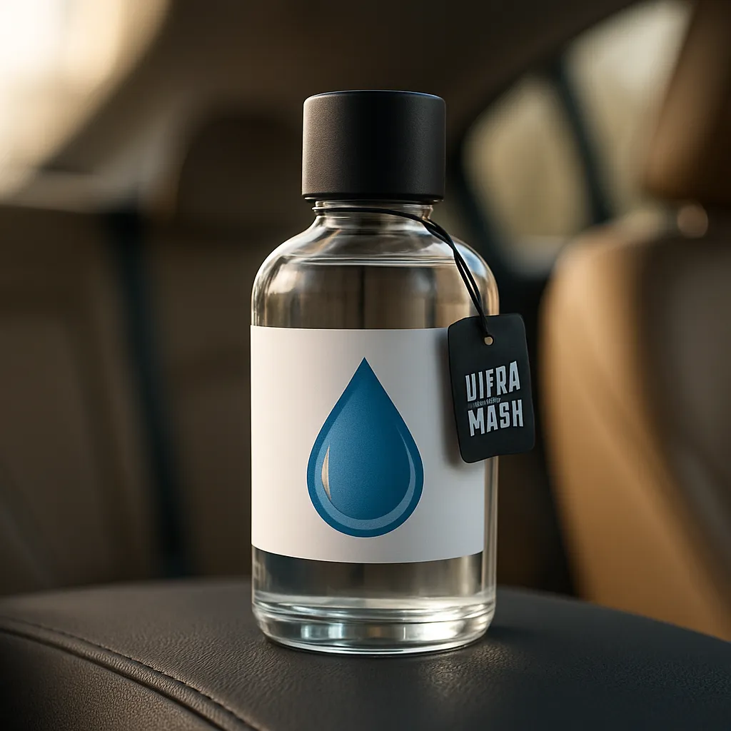 Botella de aromatizante UltraWash en el interior de un vehículo con luz natural y ambiente limpio