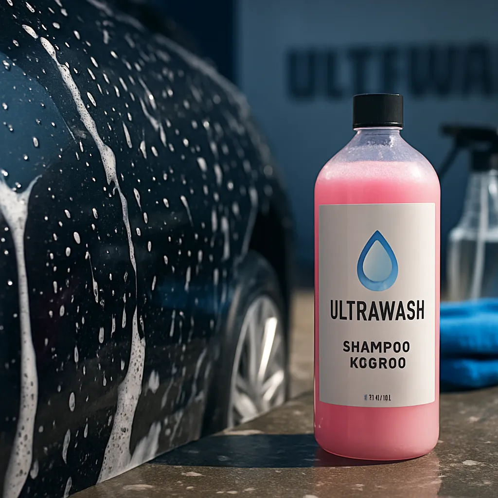 Detalle de carrocería con espuma densa y gotas de agua, botella UltraWash Shampoo Rosado y paño de microfibra