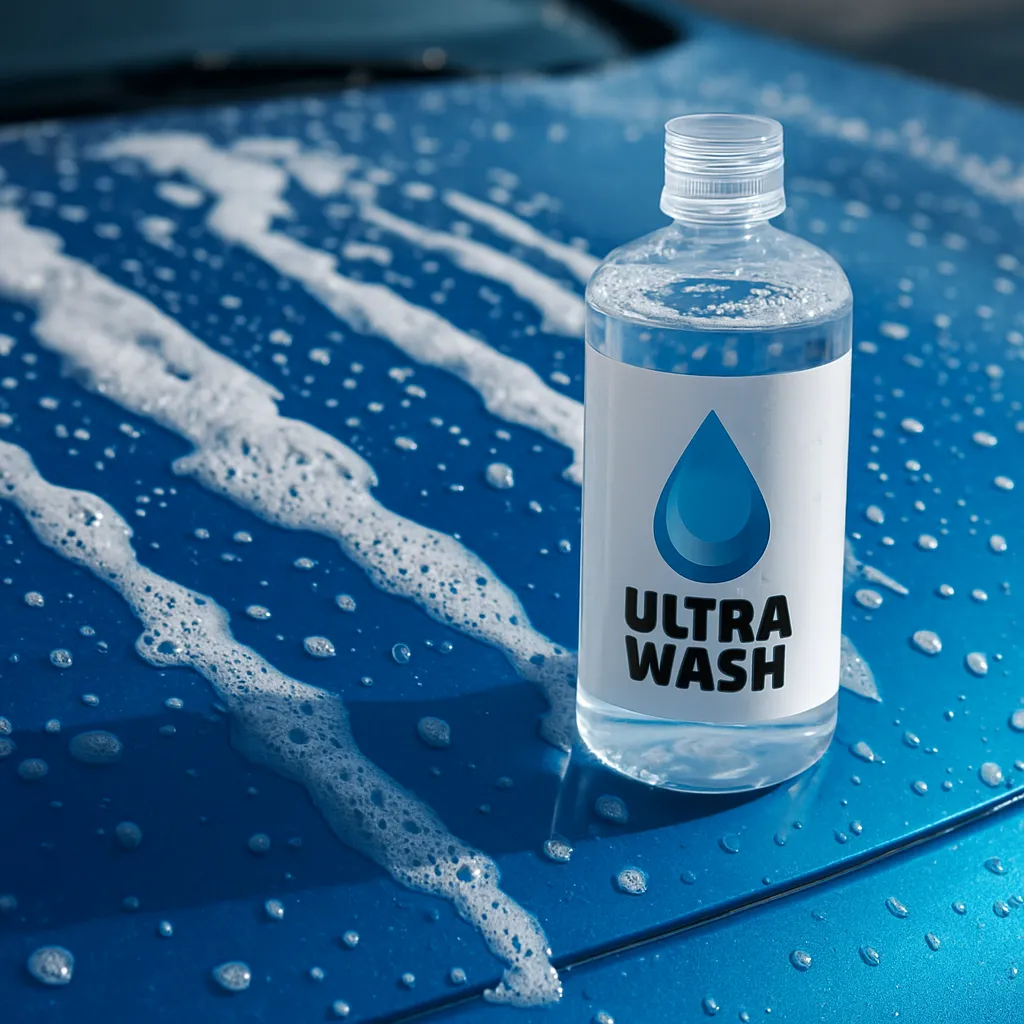 Detalle realista de espuma y gotas de agua sobre pintura automotriz azul con envase UltraWash