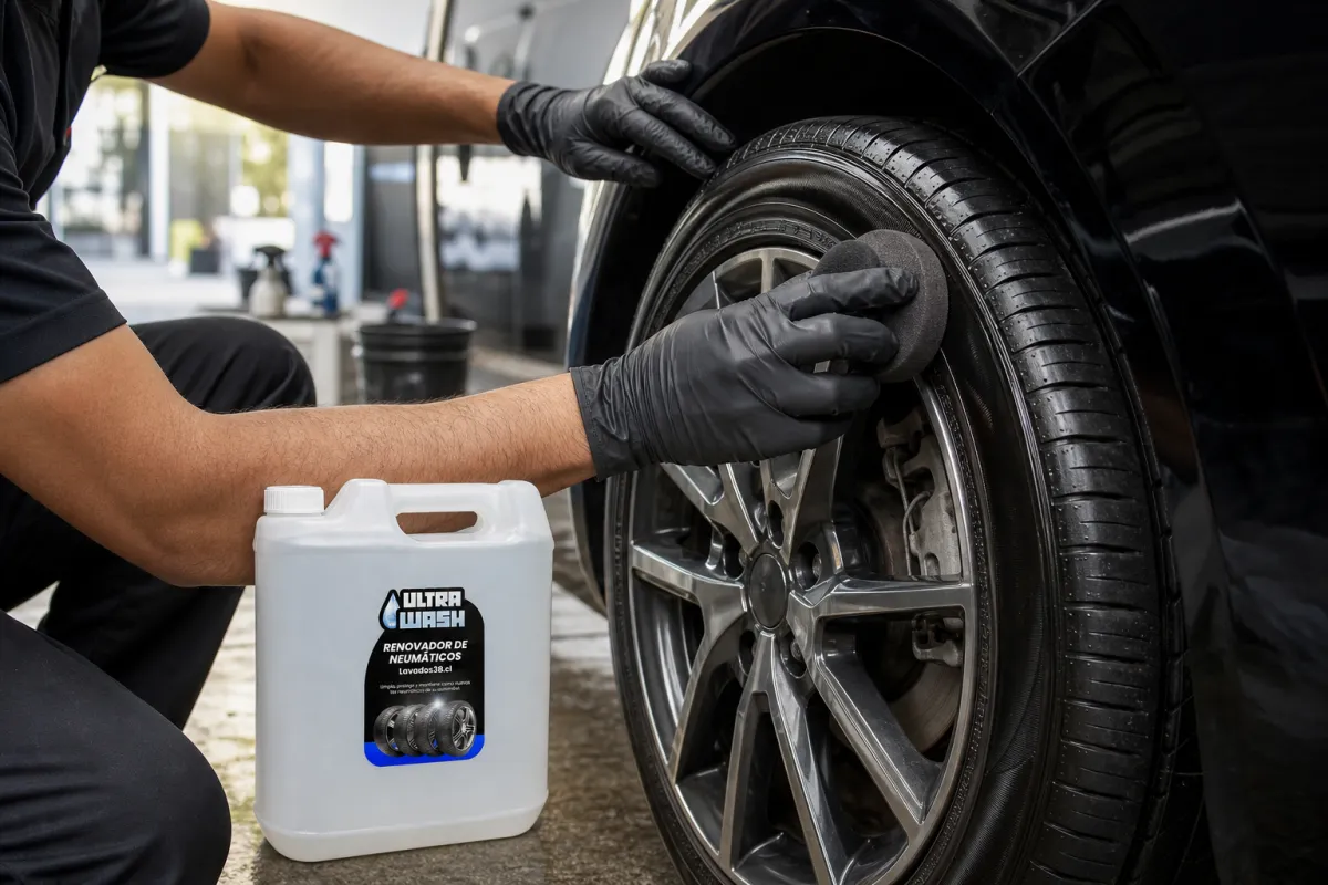 Trabajador de carwash aplicando renovador en el costado limpio de un neumático.