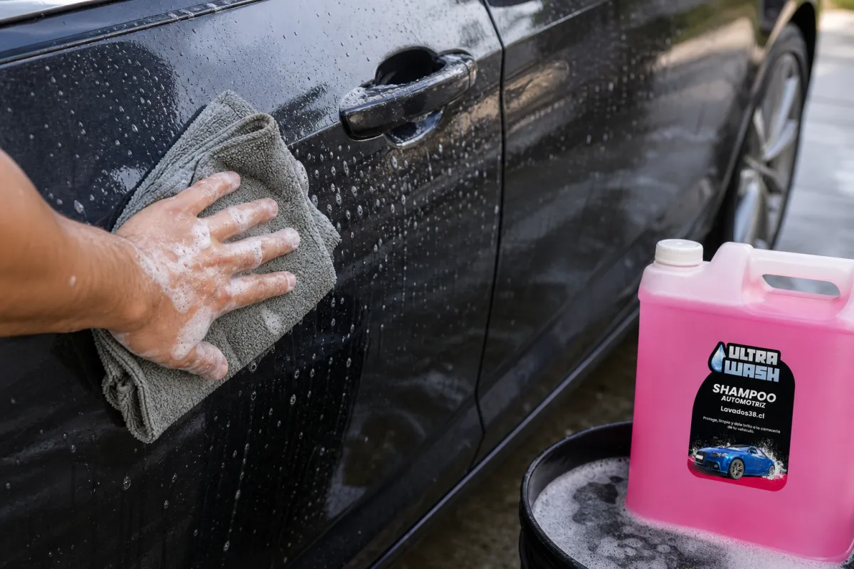 Lavado suave de la pintura de un auto con paño de microfibra y espuma.
