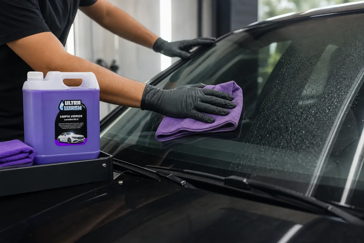 Detailer limpiando un parabrisas con paño de microfibra para revisar marcas de agua.