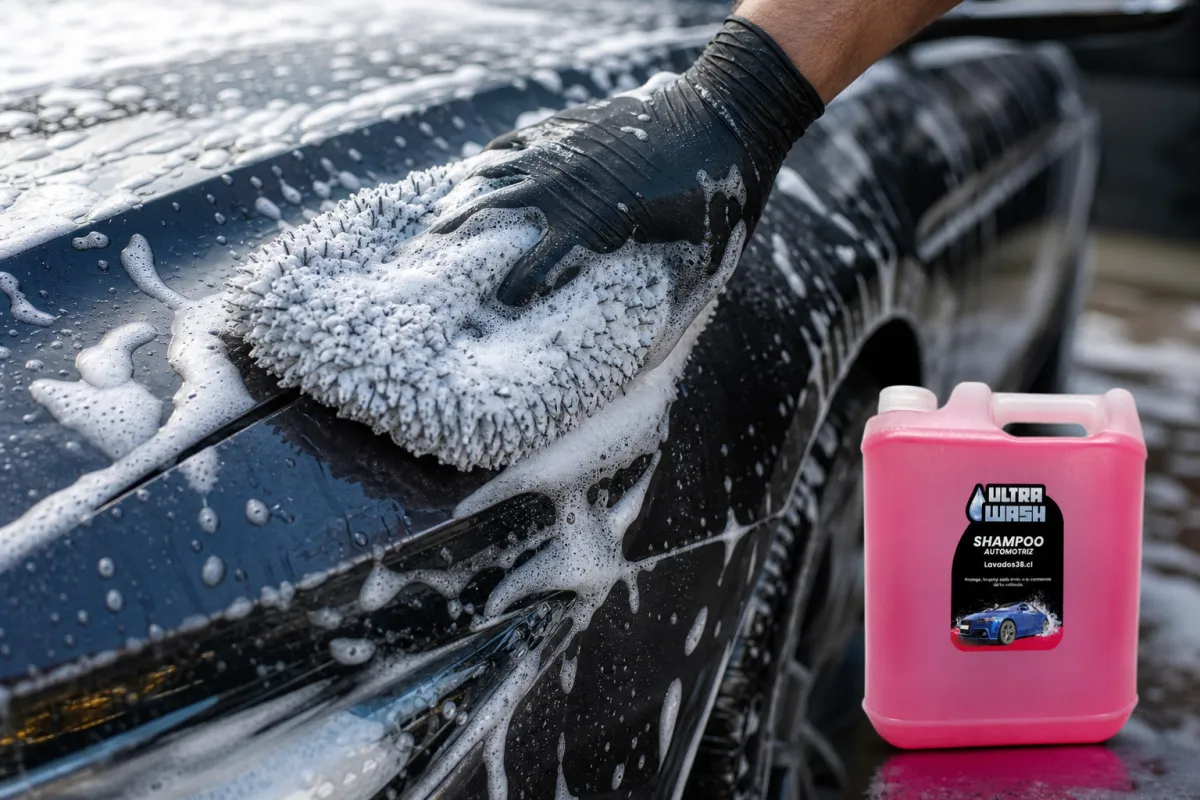 Espuma densa sobre la pintura de un auto durante un lavado manual