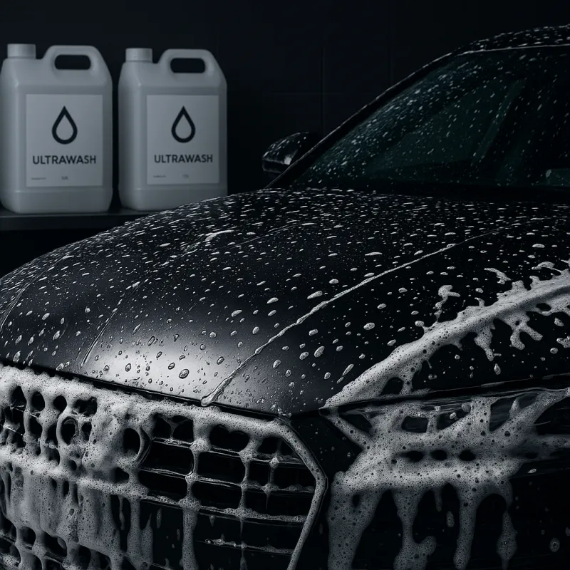 Professional car wash scene with UltraWash products and shiny vehicle