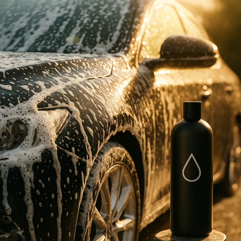Coche siendo lavado con espuma densa y botellas de productos UltraWash.