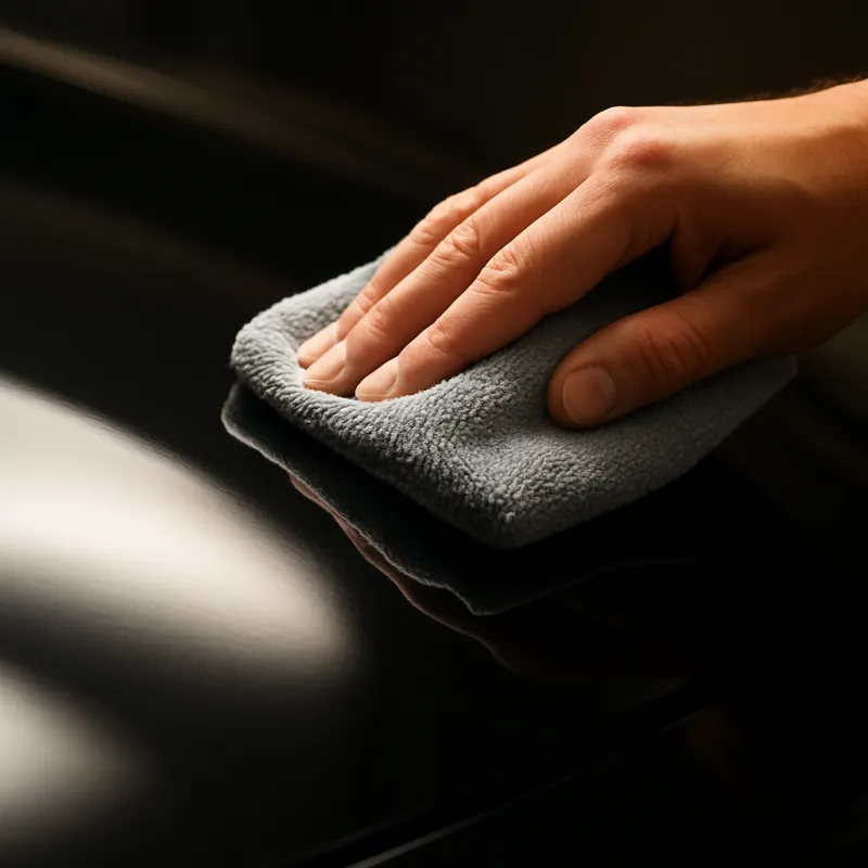Close-up of a car paint surface being cleaned with detailing product