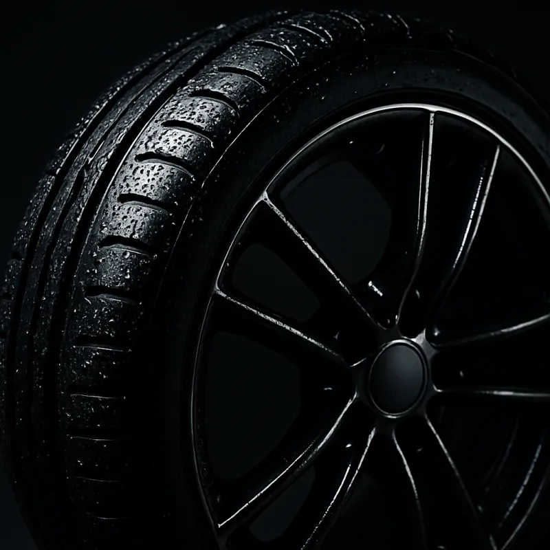 Close-up of a clean tire and rim with water droplets, showcasing detailing quality.