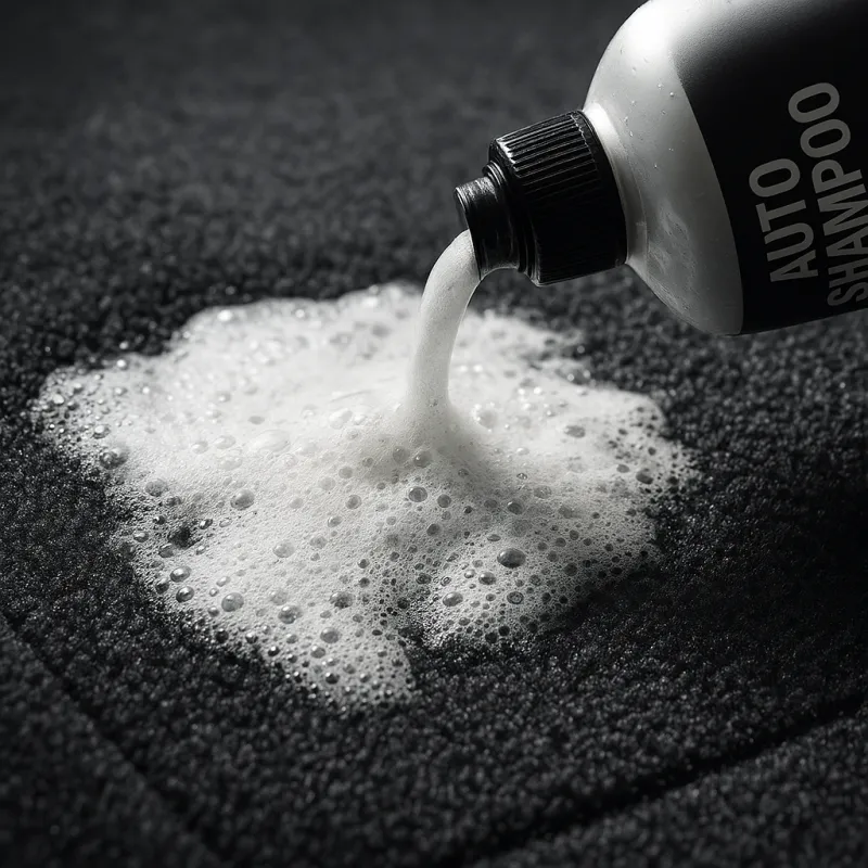 Close-up of shampoo application on car carpet
