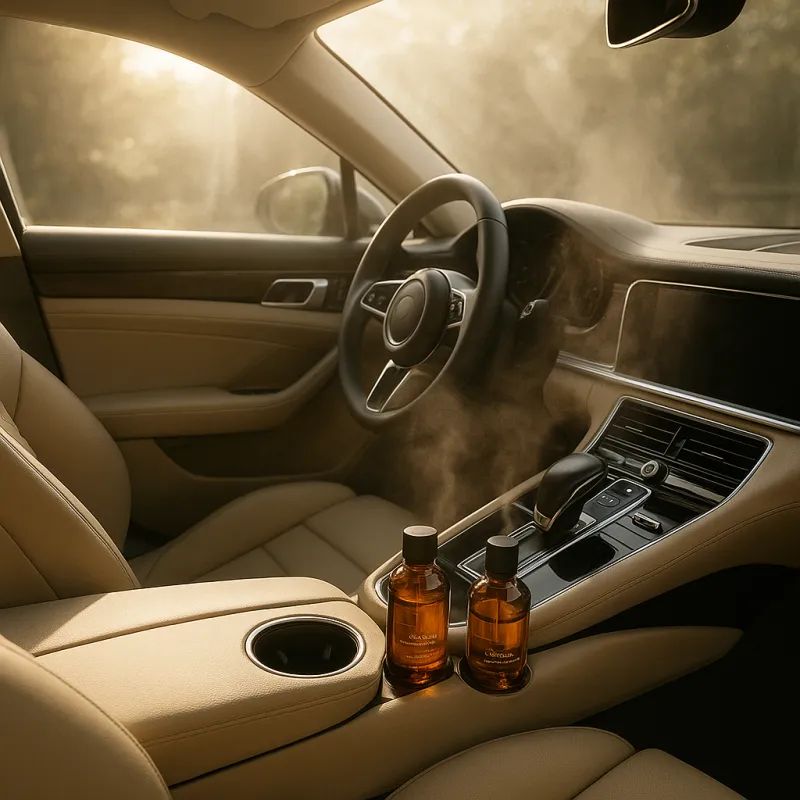 Luxurious car interior with clean leather seats and aroma bottles