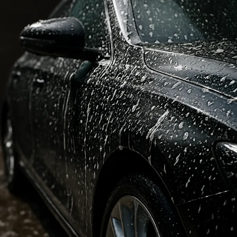 Close-up of a shiny car being cleaned with foam and water droplets