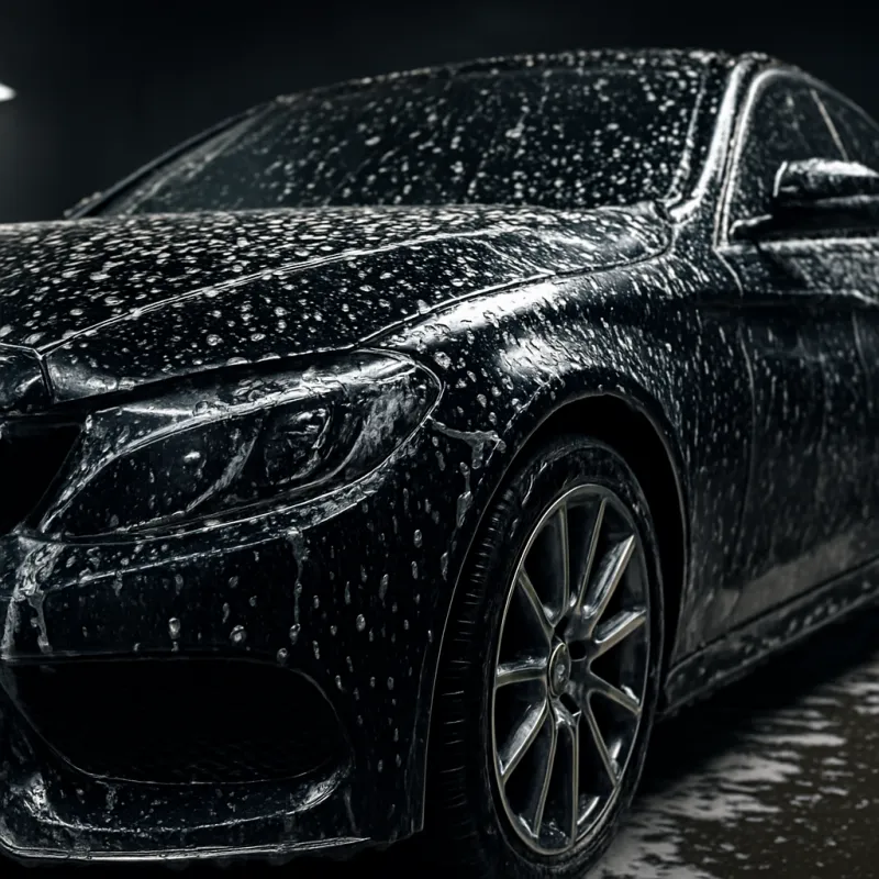 Shiny car with water droplets and foam showcasing car detailing.