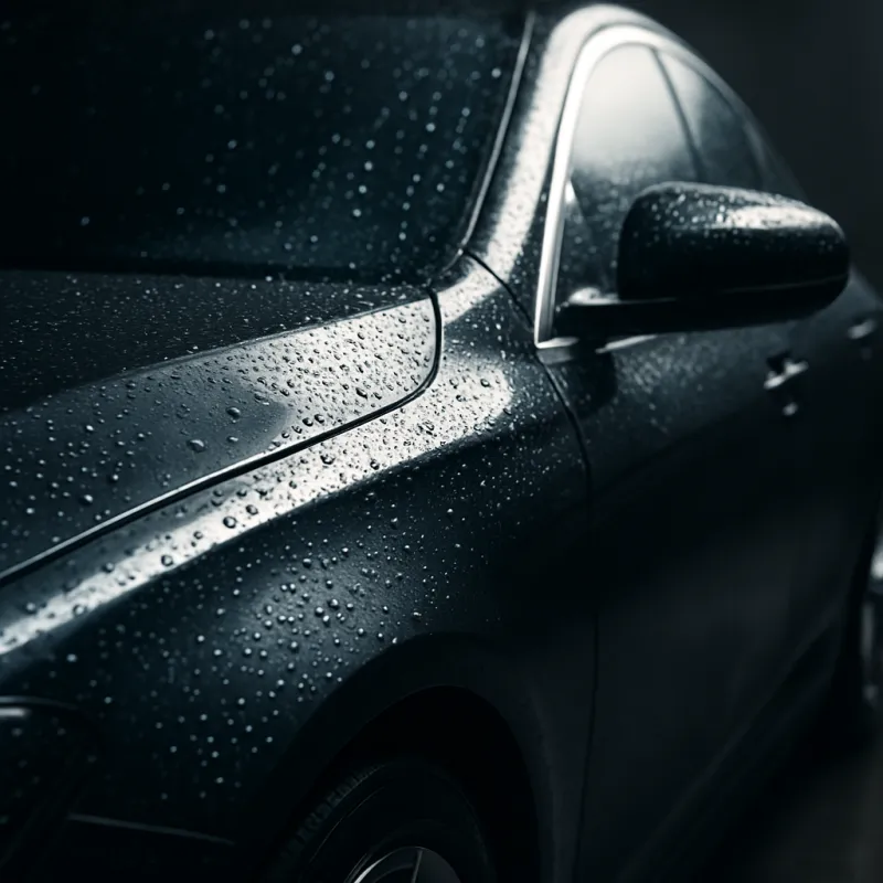 Close-up of a shiny car with droplets of water, highlighting premium detailing