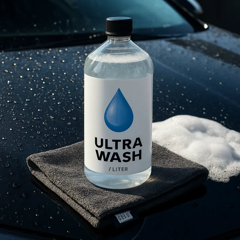 Detalle de pintura automotriz limpia con botella UltraWash y paño microfibra