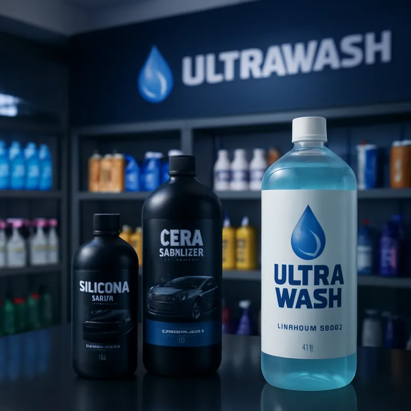 Interior del centro UltraWash en El Bosque con productos de limpieza automotriz y del hogar en estantes