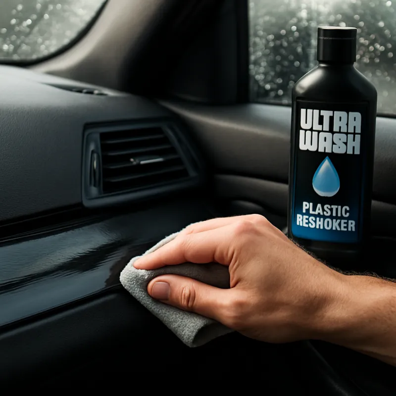 Aplicación de restaurador de plásticos UltraWash en panel automotriz con paño de microfibra