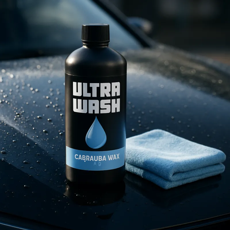 Detalle de pintura automotriz brillante con botella de Cera Carnauba UltraWash y paño microfibra