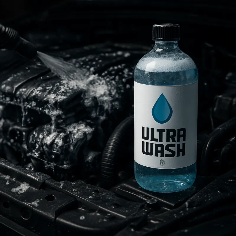 Fotografía realista de limpieza con desengrasante industrial UltraWash en motor de auto