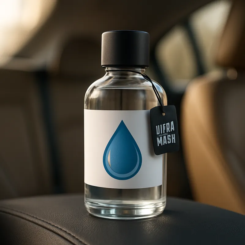 Botella de aromatizante UltraWash en el interior de un vehículo con luz natural y ambiente limpio