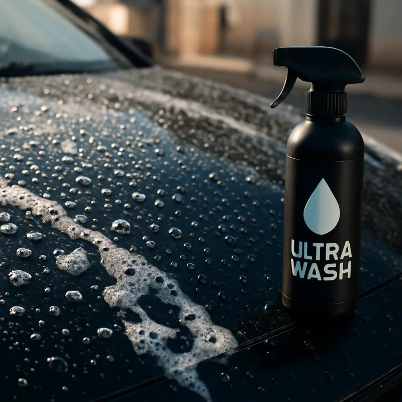 Detalle de carrocería limpia con gotas de agua y botella de Lavado en Seco UltraWash