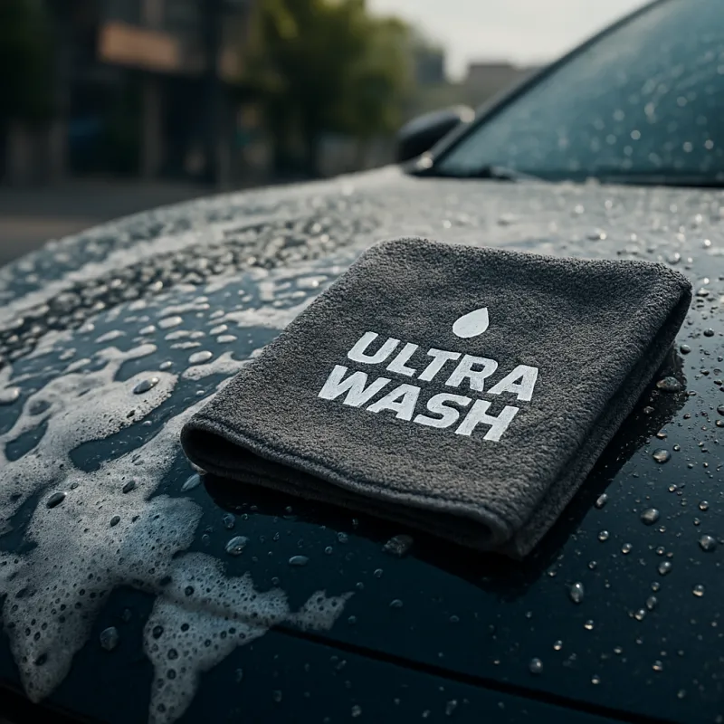 Detalle de lavado automotriz con espuma densa y gotas de agua sobre pintura reflejando luz solar