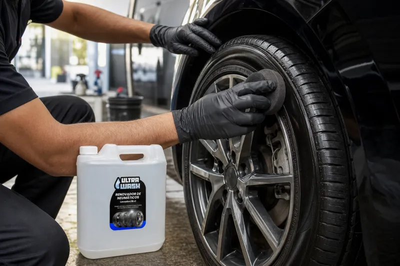 Trabajador de carwash aplicando renovador en el costado limpio de un neumático.